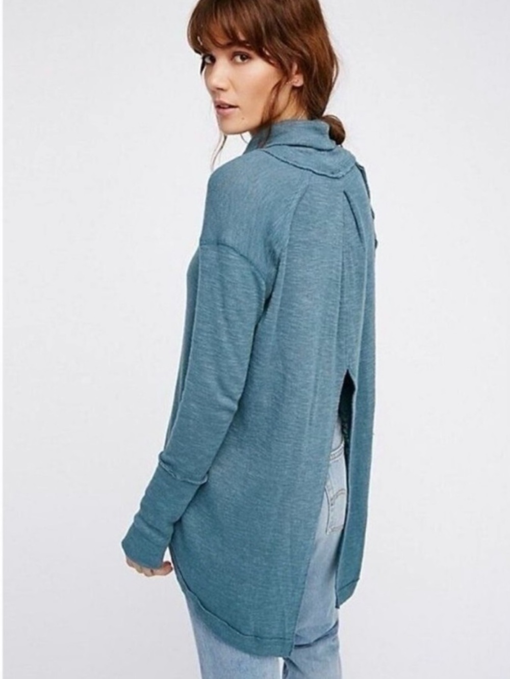 Free People Split Back Teal Cowl Neck Long Sleeve Sweater